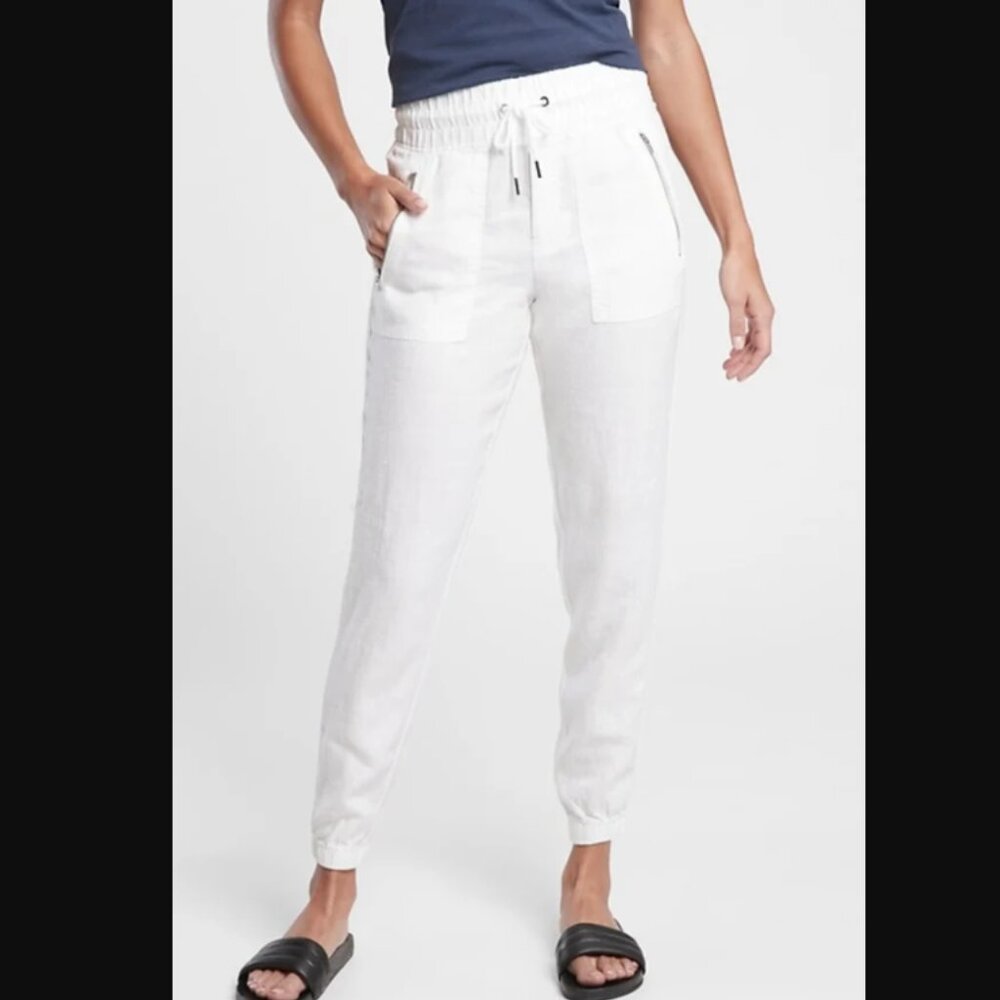 Athleta Pants Womens 22 White Cabo Linen Jogger Pockets Summer Resort Beach